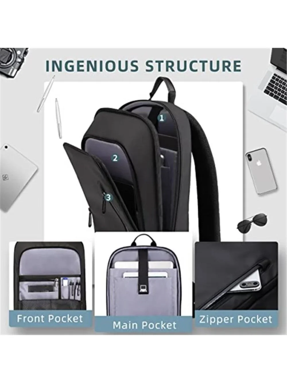 Slim Business Laptop Backpack USB Port Anti Theft Water Resistant 15.6 Inch